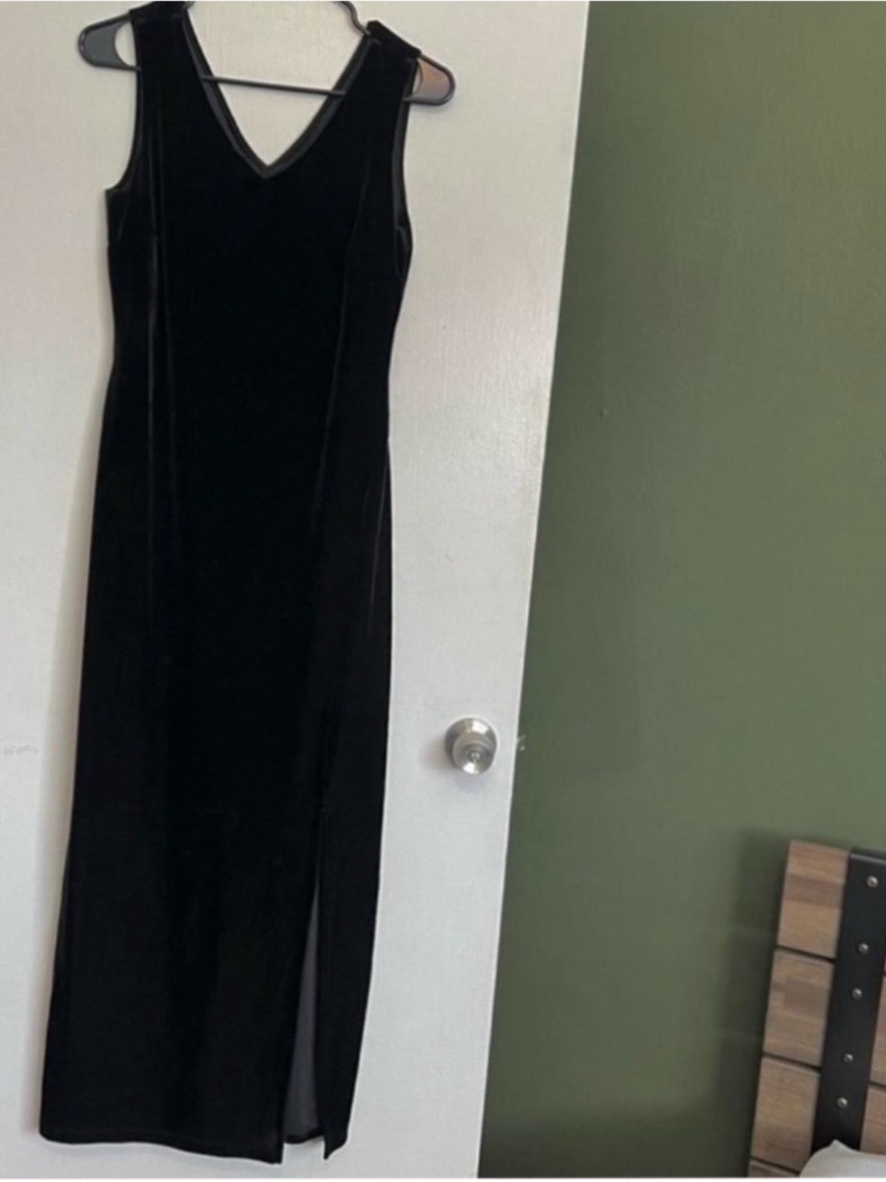 90s vintage fashion bug black velour high slit front sleeveless vneck midi dress